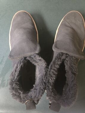 Toms Black Suede Faux-Fur Ankle Booties with Tan Sole Trim